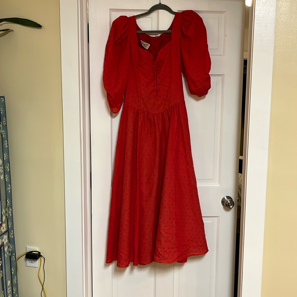 Vintage Red Eyelet Puff Sleeve Corset Dress Size 8